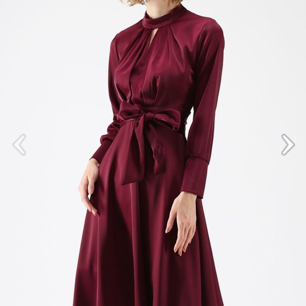 Chic Wish "Grab the Spotlight" Satin Elegant Midi Dress in Wine - NEVER WORN